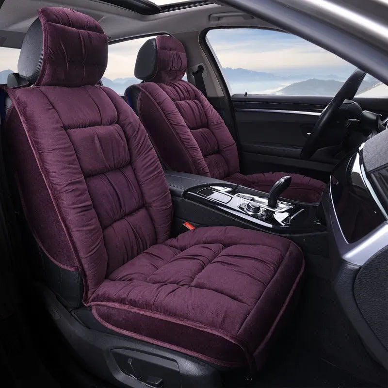 Plush winter car seat cushion shown in a grey set, with soft texture and fitting on a car seat.