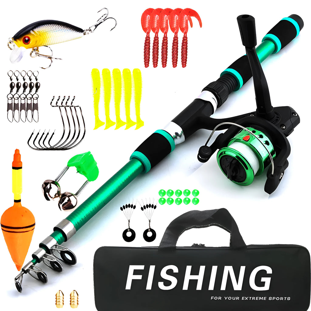Children's fishing rod set with pole and reel in blue, green, red, or yellow colours with accessory box