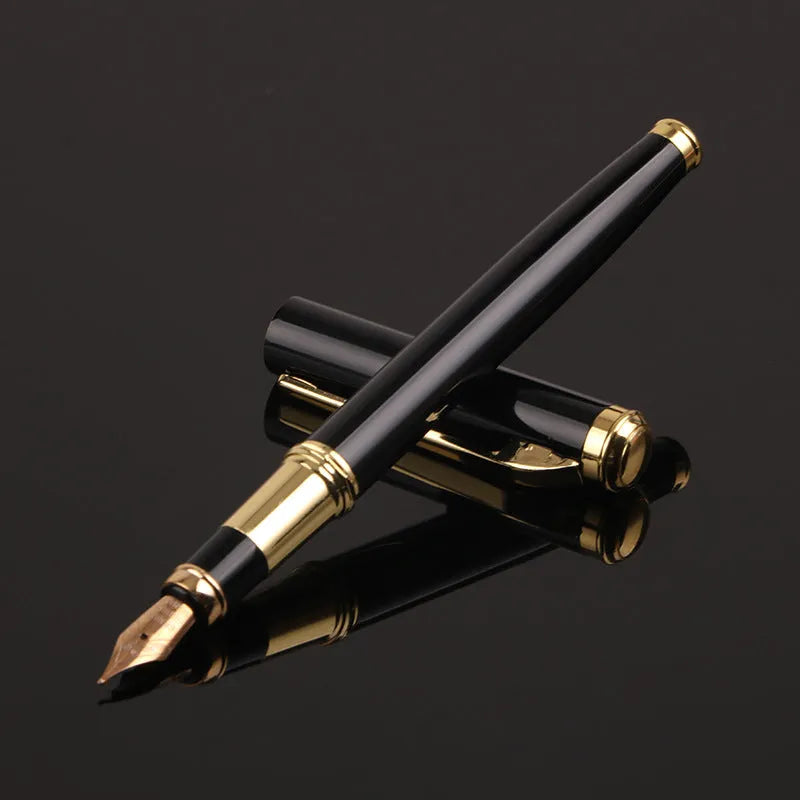 Black and red metal fountain pen with a visible 0.5mm fine nib, presented for business and office use.