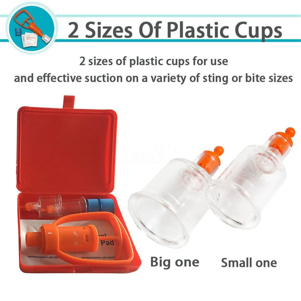 Orange portable venom extractor suction pump first aid kit with storage box open, showing pump, cups, and swabs.