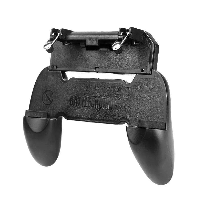 Black plug-in gamepad attached to an Android mobile phone for physical gaming controls.