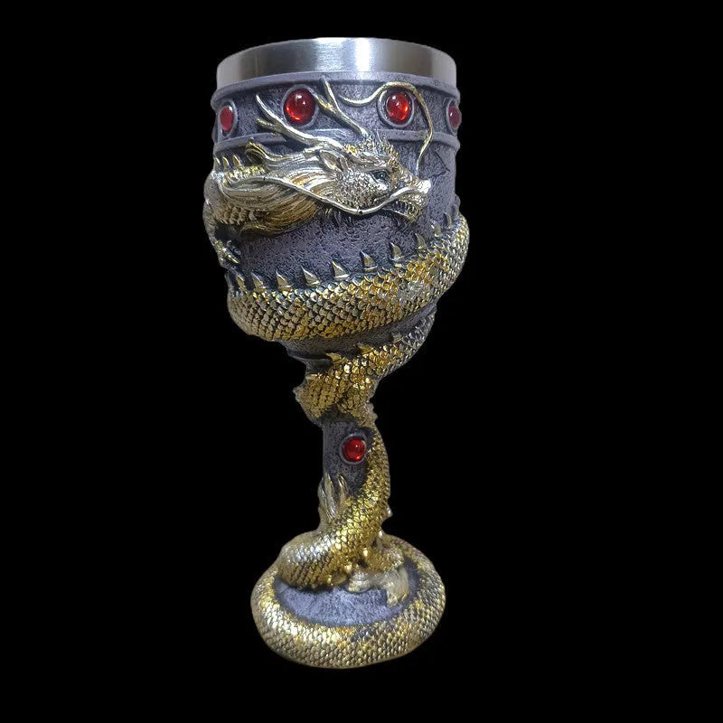 Stainless steel red wine glass with 3D Chinese dragon design in gold colour option