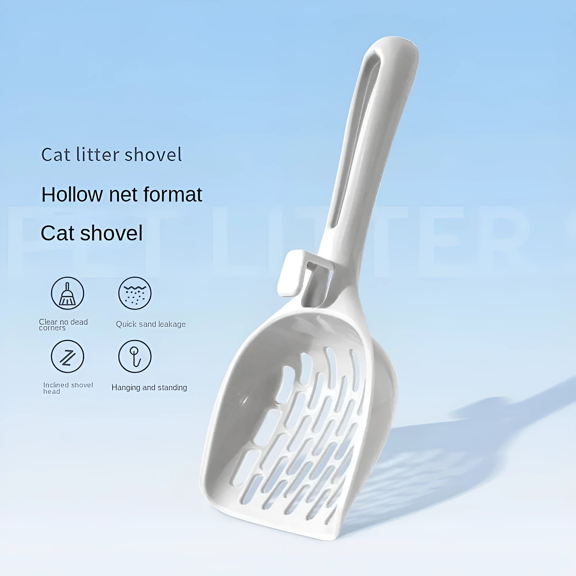 Grey plastic cat litter scoop with attached base for cleaner waste removal