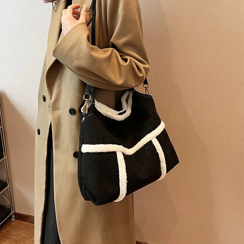 2pcs women's plush tote shoulder bag, large capacity suede-style handbag, black or brown, PU outer, polyester lining