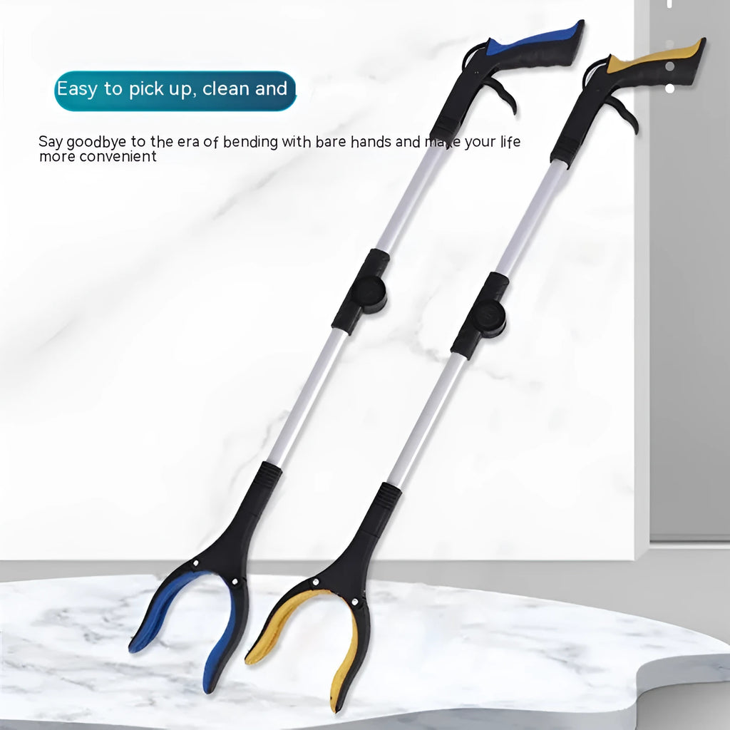 Foldable aluminum alloy garbage clamp with magnet sucker extended and folded showing blue yellow and orange handles