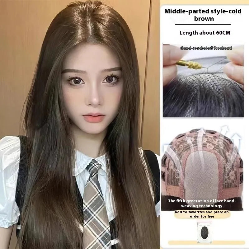 Forehead lace synthetic wig with long straight black hair in cold brown or dark brown shades