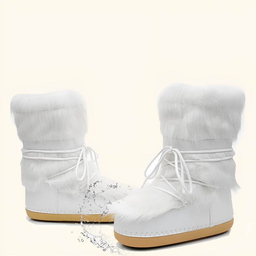 Women's white furry moon boots, fleece-lined mid-calf winter space boots, flat 2cm heel, PE sole, cross strap.