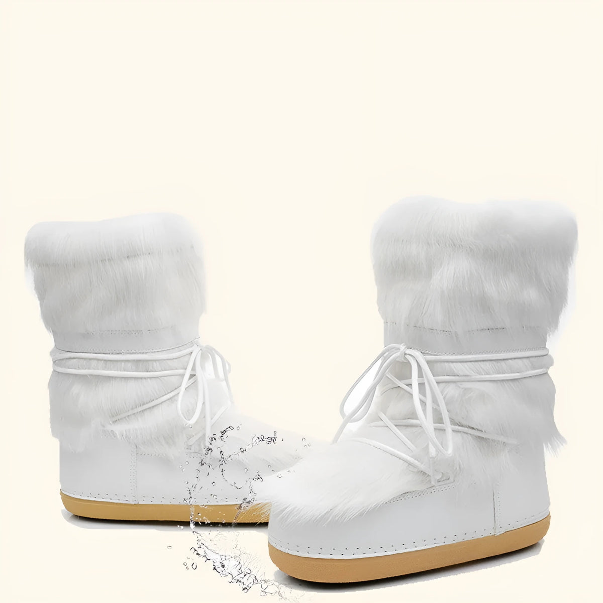Women's white furry moon boots, fleece-lined mid-calf winter space boots, flat 2cm heel, PE sole, cross strap.