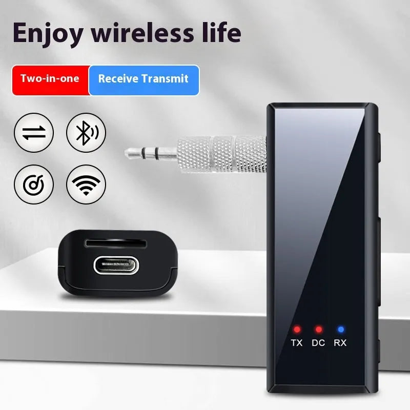3.5mm Bluetooth 5.4 two-in-one audio receiver and transmitter adapter with plug-and-play design