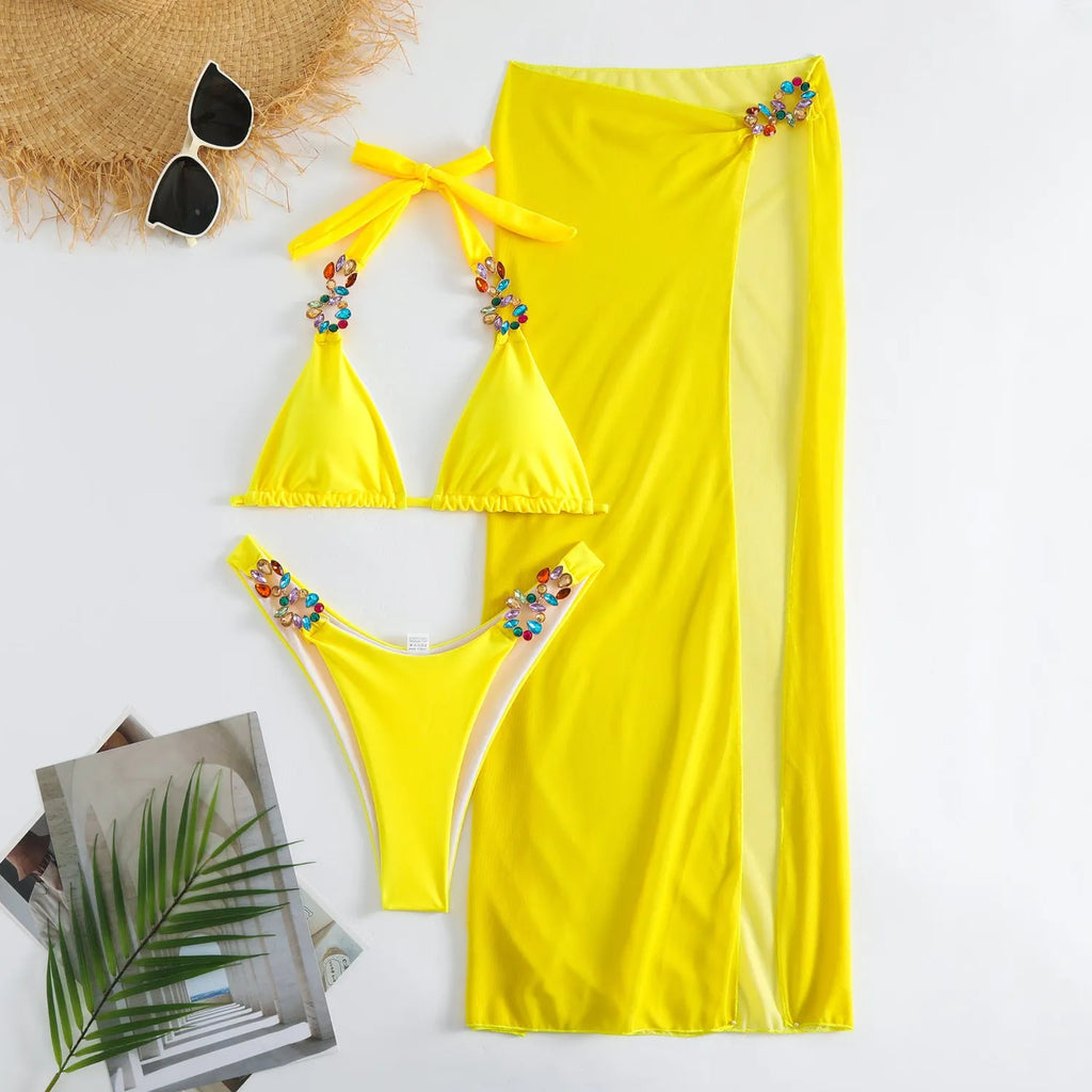 Three-piece bikini set with long mesh skirt in Rose Red or Yellow featuring light diamond pattern