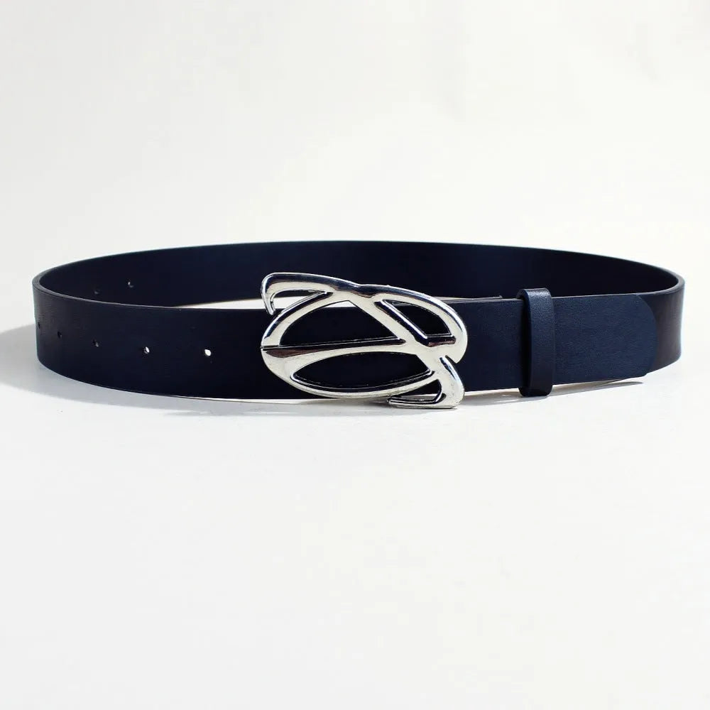 Silver buckle casual PU leather belt with snap button fastening, shown flat.