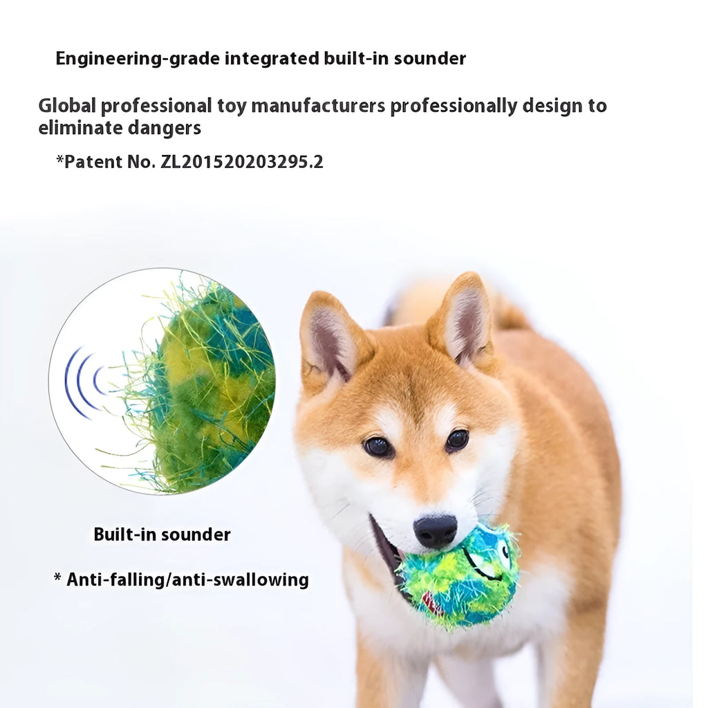 Rubber molar dog toy ball with plush sound, shown in orange yellow or yellow green
