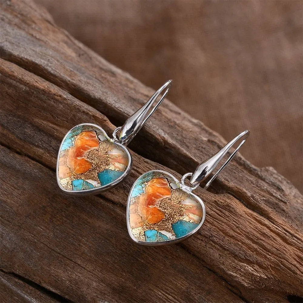 Silver alloy vintage bohemian love pendant earrings with water droplet detail, Korean style, one pair