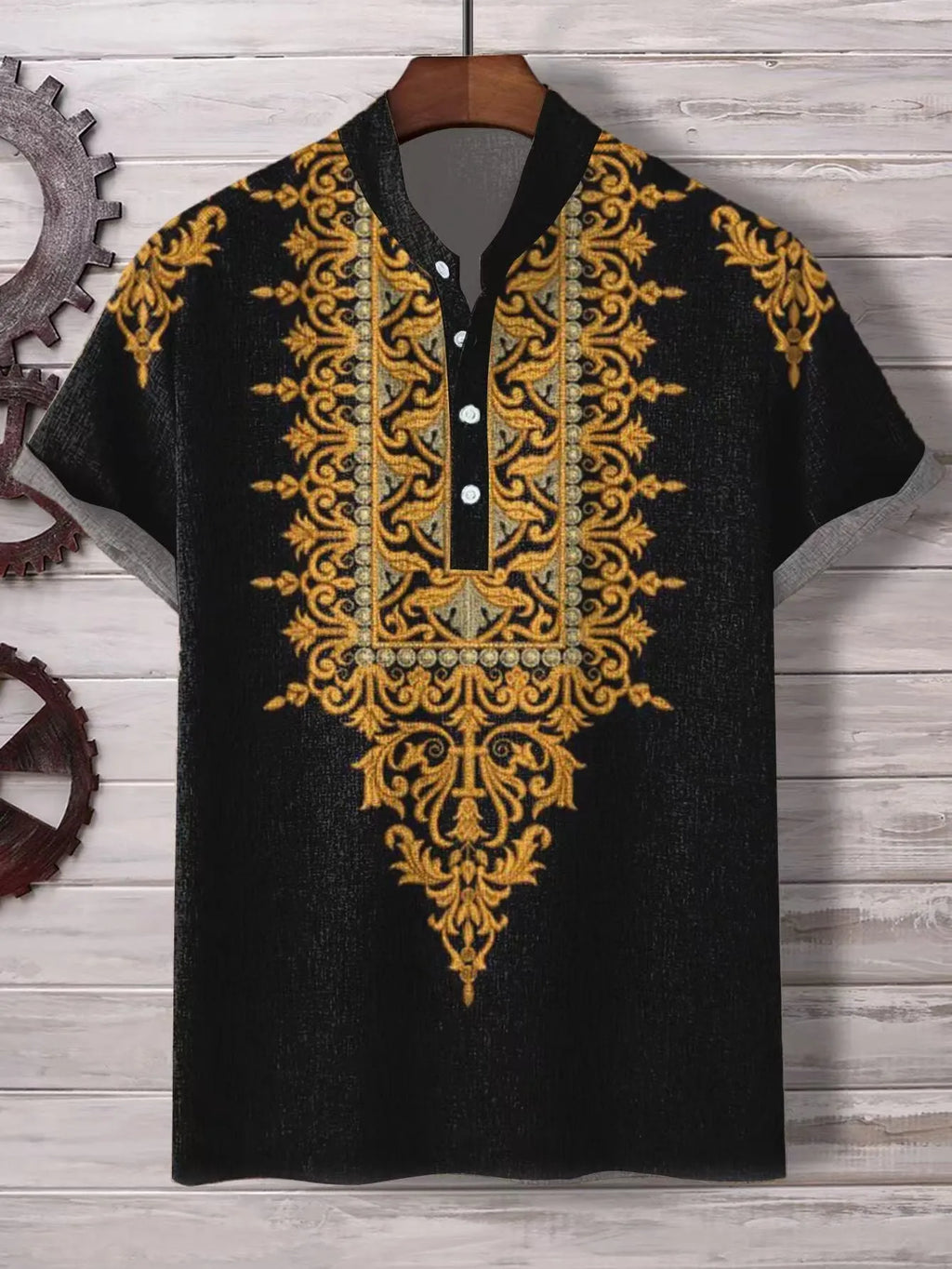 Men's loose fit striped casual shirt in polyester fabric showing personalised button detail