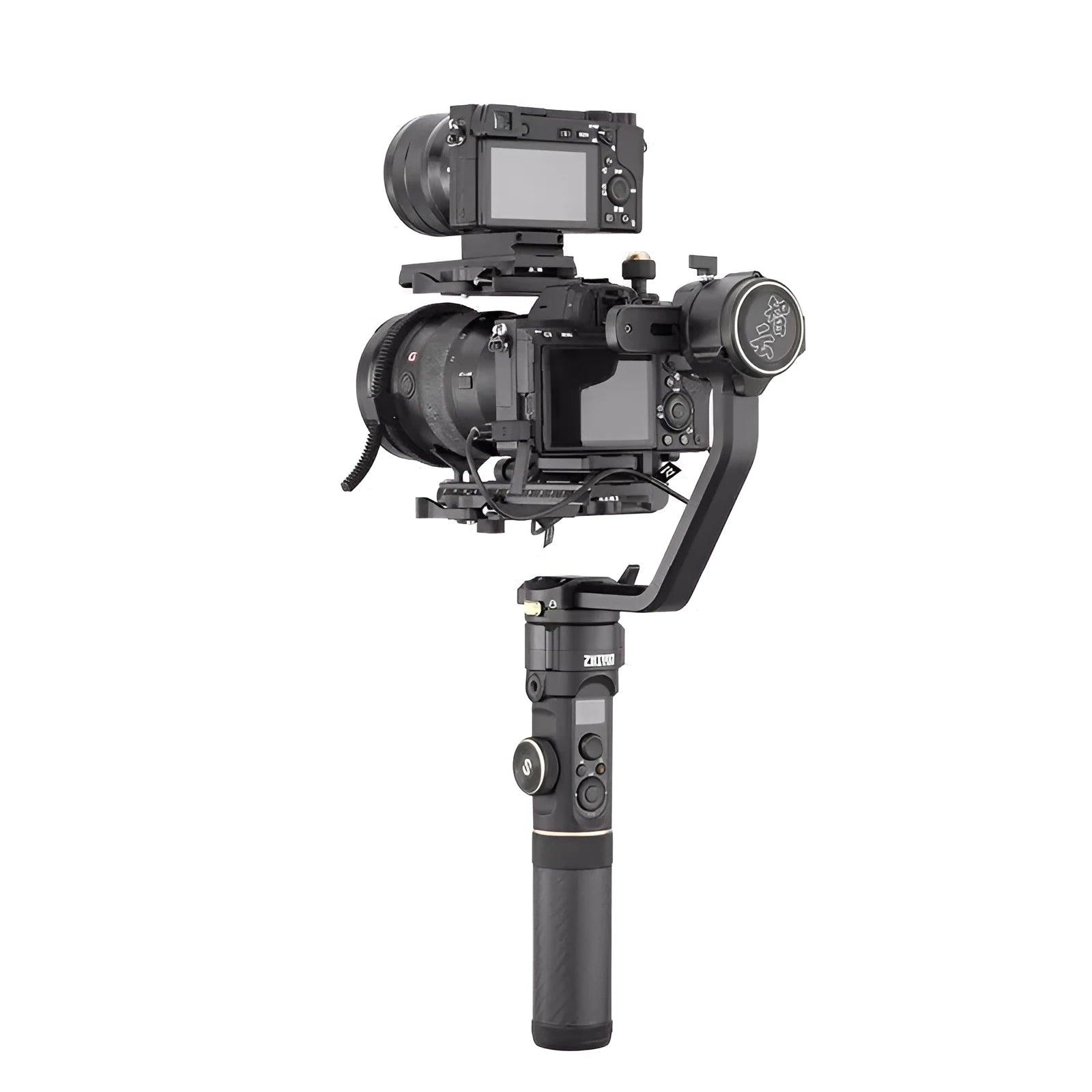 Black LinJia YunHe 2S camera handle extension kit showing dual grip positions with stabiliser accessory