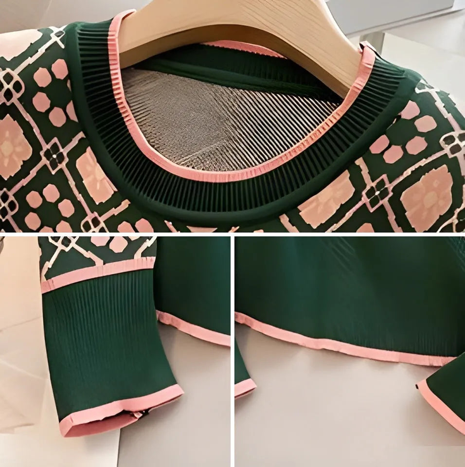 Green women's printed casual sweater with loose fit and long sleeves