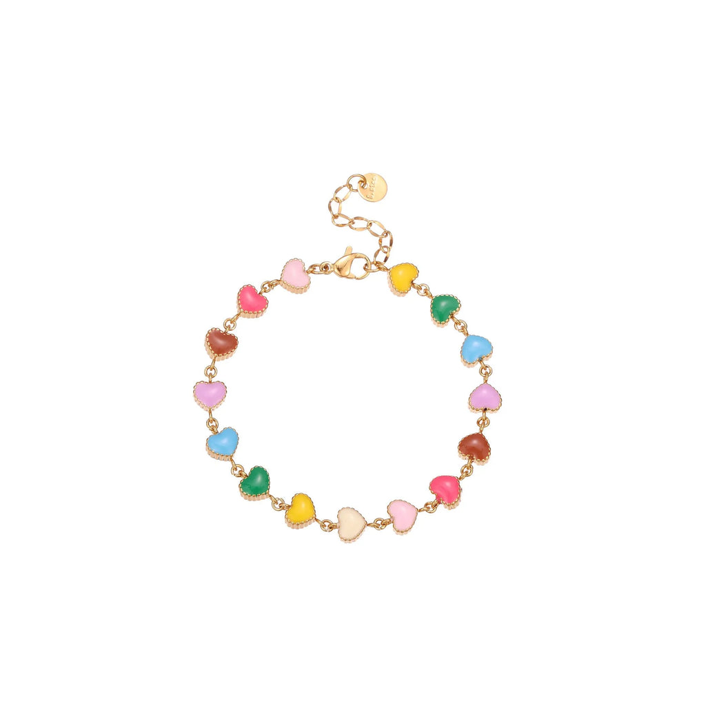 Close-up of a women's stainless steel bracelet with a colourful, heart-shaped titanium steel pendant.
