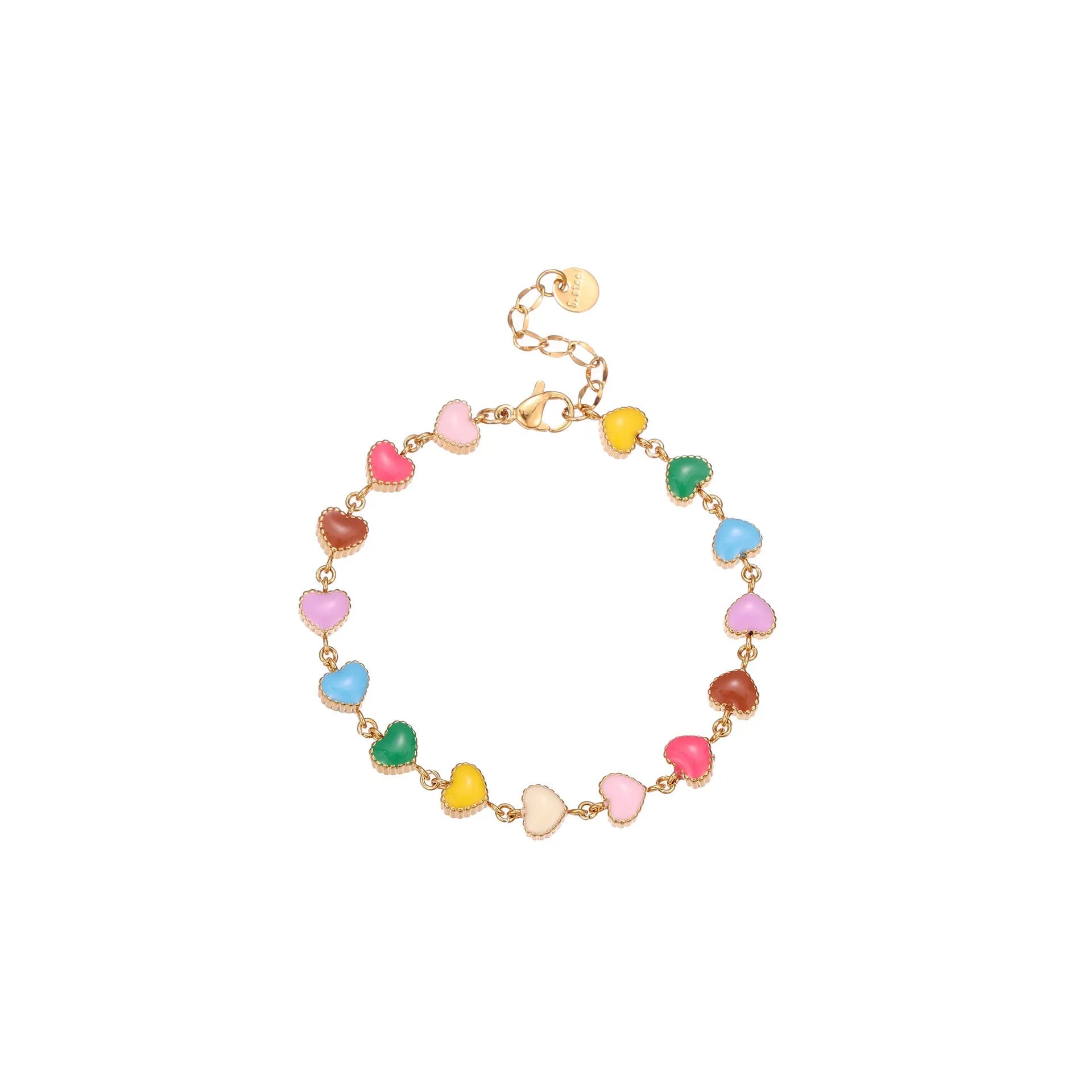 Close-up of a women's stainless steel bracelet with a colourful, heart-shaped titanium steel pendant.