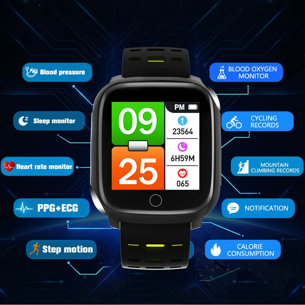F16 Smart Watch with ECG monitor on a silicone strap, displaying blood pressure and heart rate data on its IPS screen.
