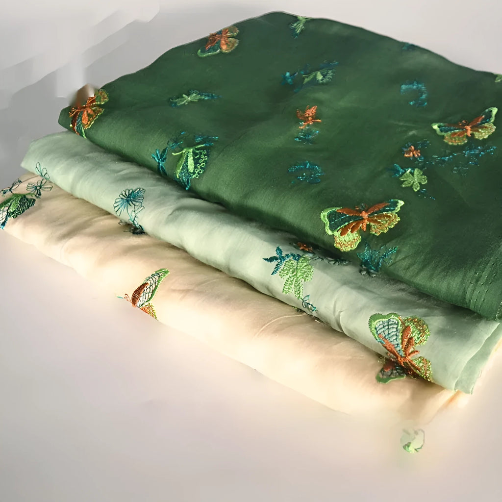 Pure ramie embroidery cloth fabric in beige, grass green, and dark green colours for Hanfu dressmaking