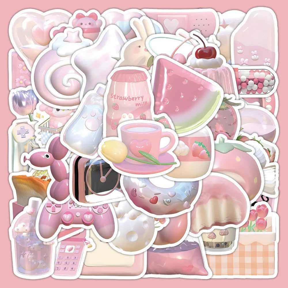 Pink girl heart pattern 3D decorative stickers in light colours with realistic dimensional effects