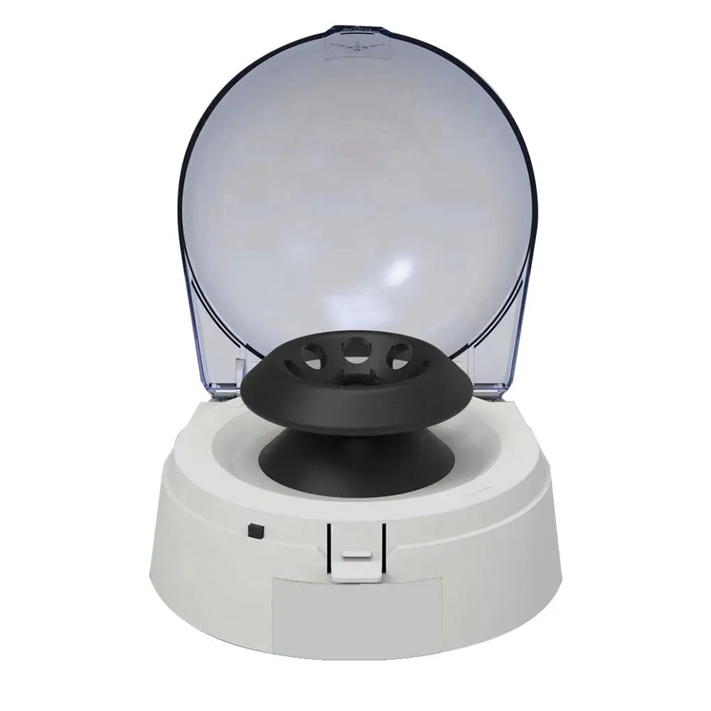 Compact white mini laboratory centrifuge on a bench-top with display showing 7000 rpm.