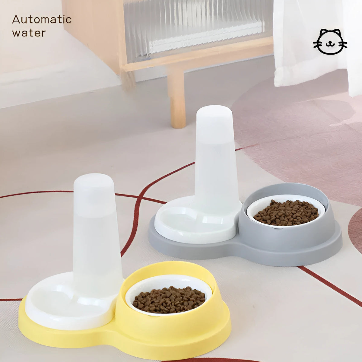 Grey and yellow dual-bowl pet feeder for cats and dogs with ceramic inserts