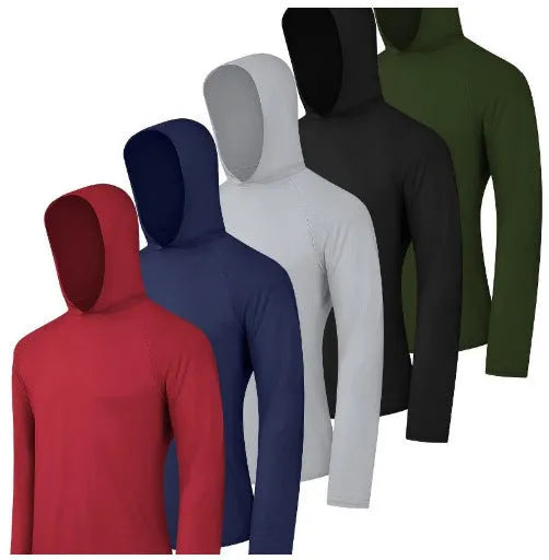 Four men's lightweight hoodies in elastic polyester fibre showing five colour options and size range S to XXXL