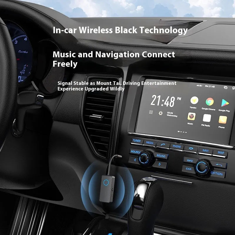 Black Bluetooth 5.4 audio adapter with a 3.5mm aux plug for wireless music streaming.