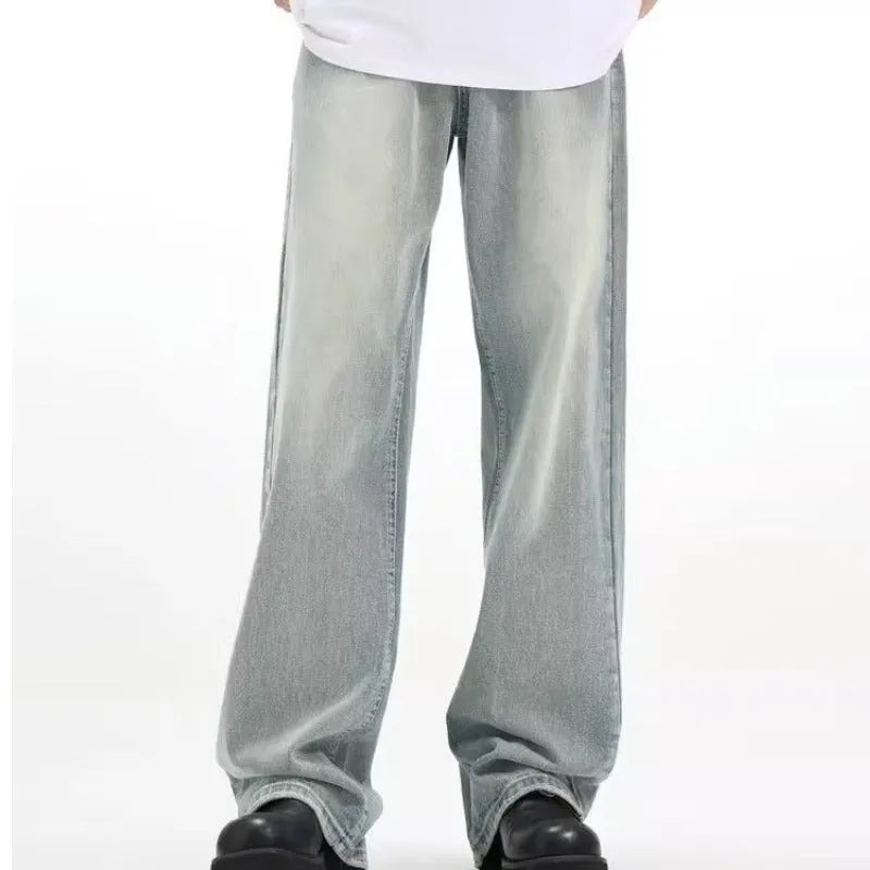 Blue loose-fit rabbit fur retro jeans with an elastic waistband on a neutral background.