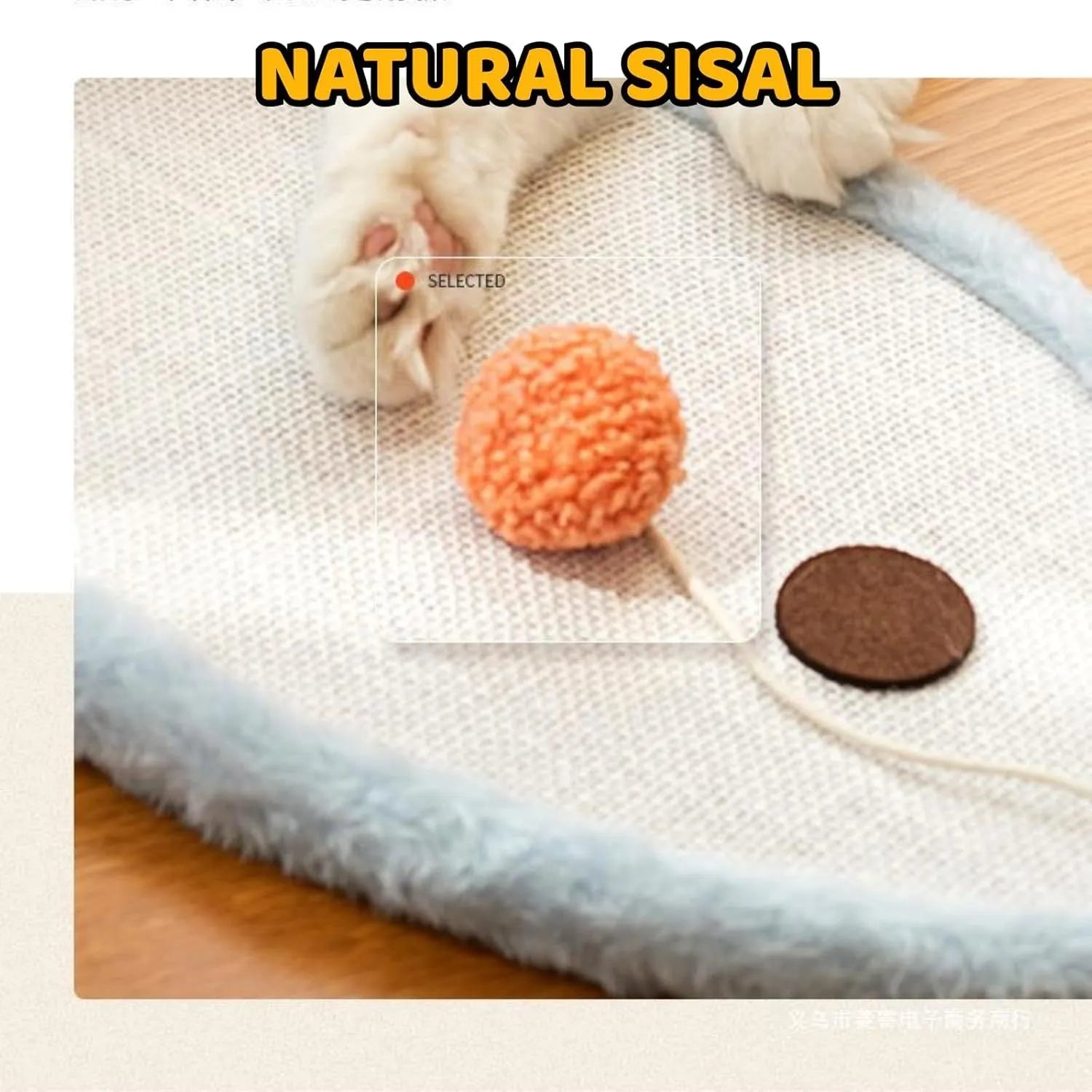 White cat scratching mat with cartoon sleeping cat design made from natural sisal