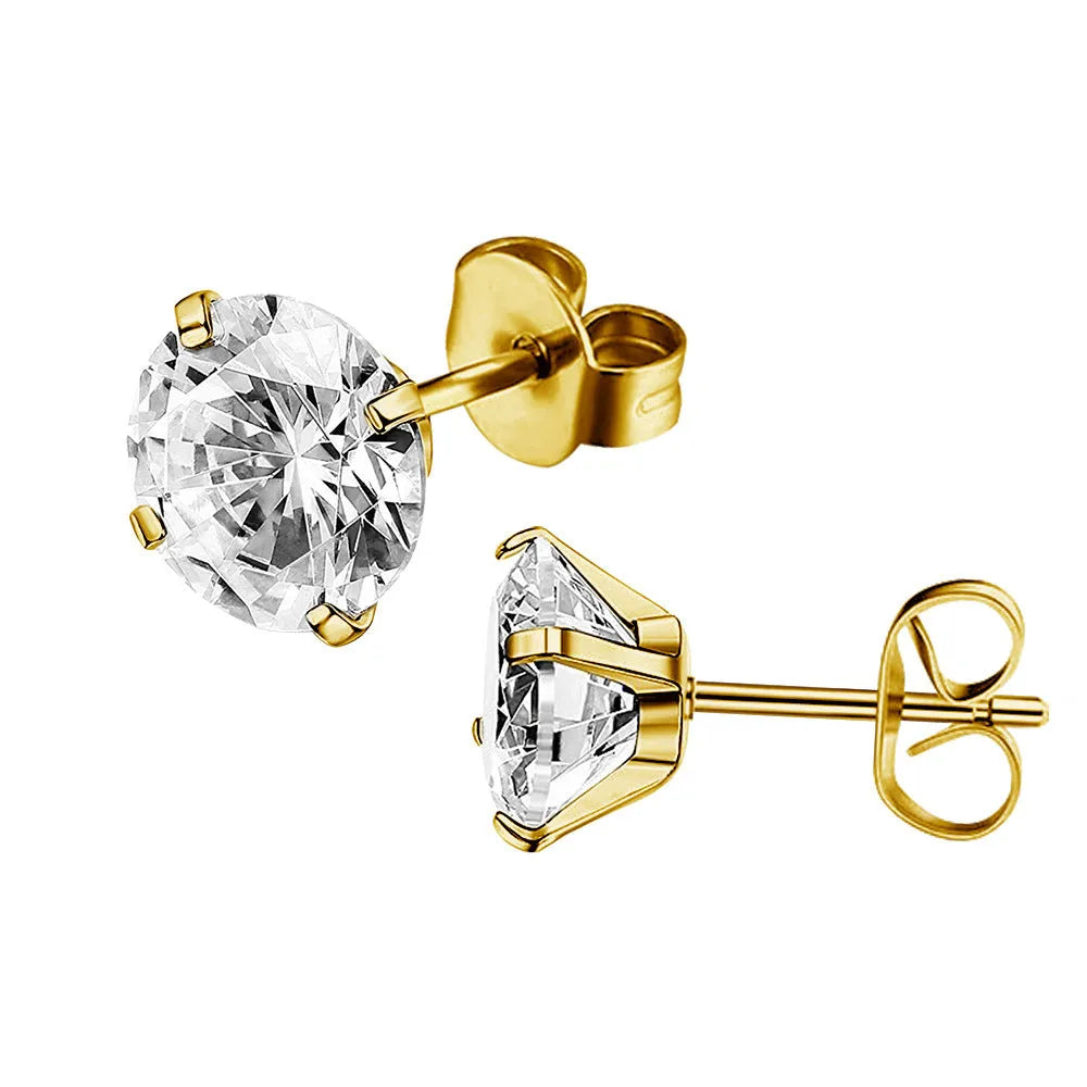 Titanium steel geometric zircon stud earrings in steel colour and gold finish with round zircon stones ranging from 2mm to 8mm