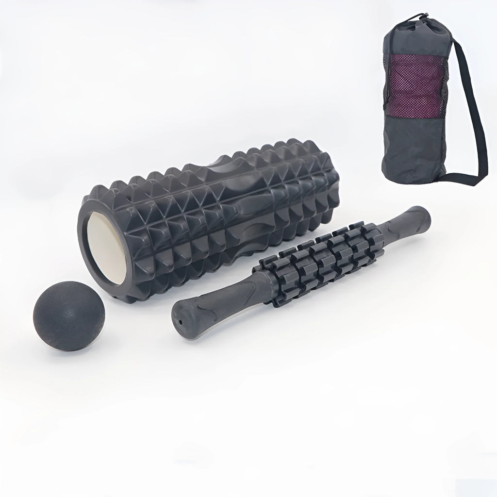 Black foam massage roller measuring 33cm with six separate massage pieces along shaft