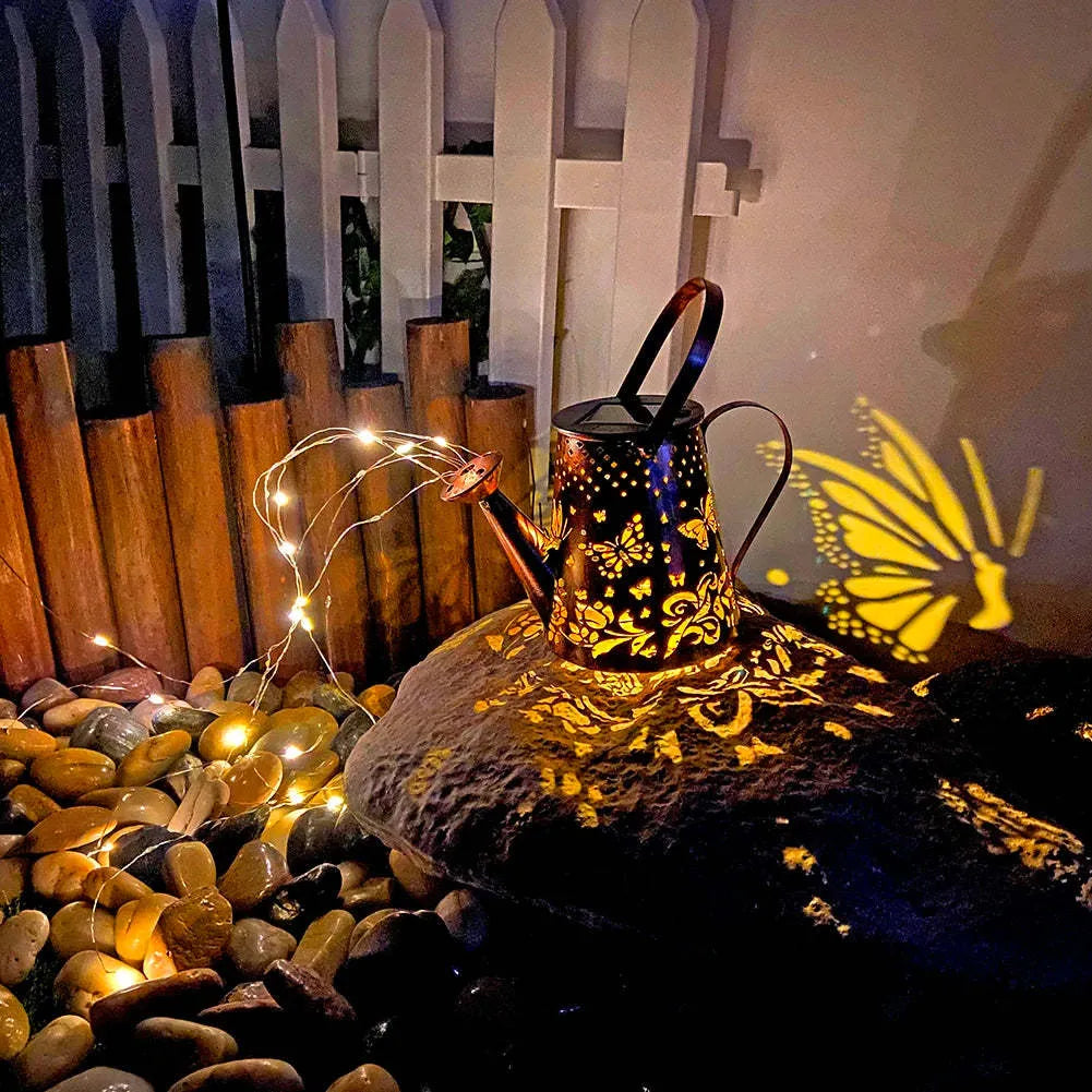Solar garden lamp with butterfly pattern iron construction and warm white LED lighting