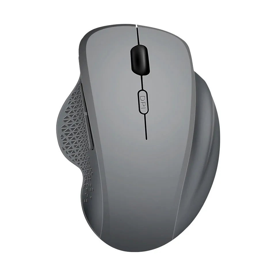 Compact black wireless recharging mouse for laptops with USB cable on a desk.