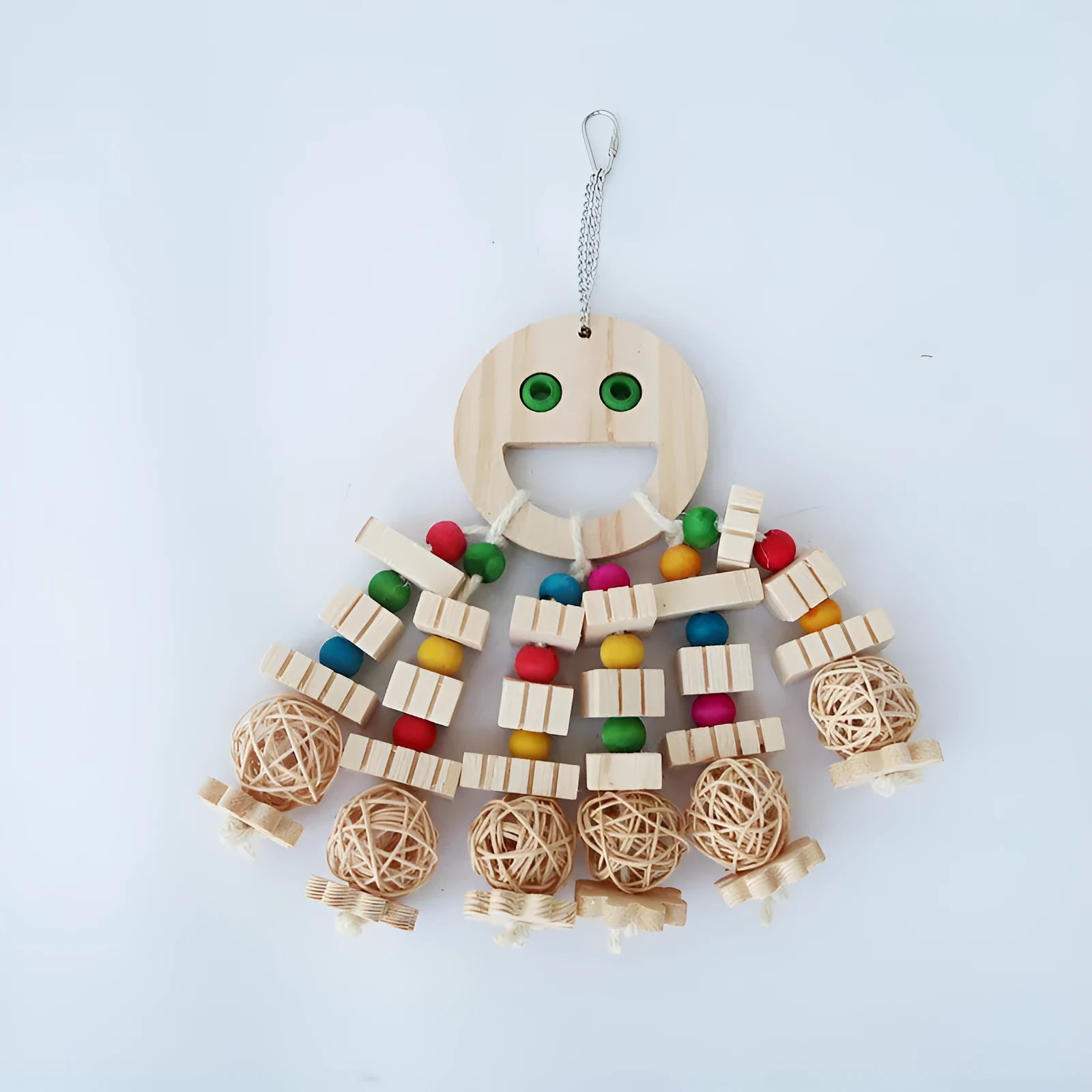 Natural wooden parrot toy with slotted blocks, beads, and string for chewing and play