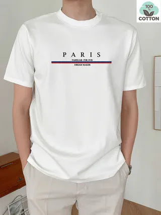 Men's loose-fit short-sleeved T-shirt with a printed letter design, shown in apricot colour.