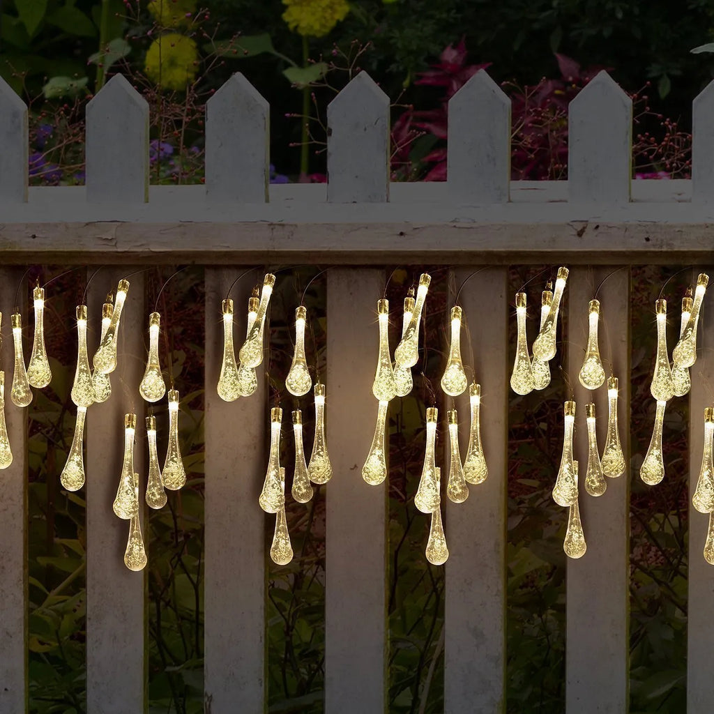 6.5 metre solar LED water drop string lights with 30 bubble drop pendants for outdoor garden use