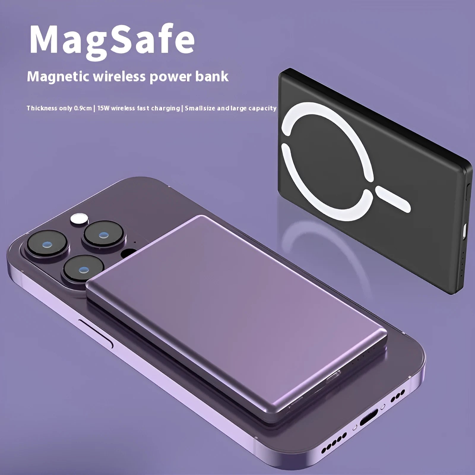 Ultra-thin magnetic power bank in black colour showing compact 105x66x9mm dimensions