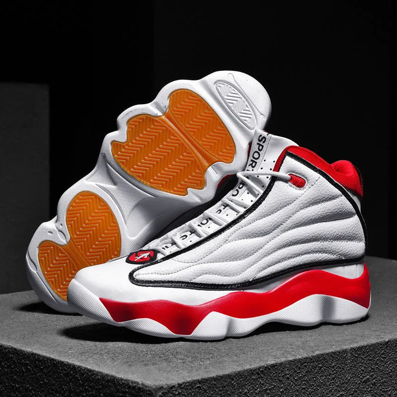 High-top basketball shoes with mesh upper and thick rubber sole in AJ13 colour options