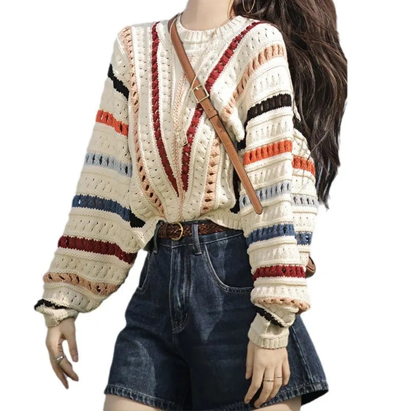 Rainbow striped hollow knit pullover sweater with batwing sleeves in loose fit casual style