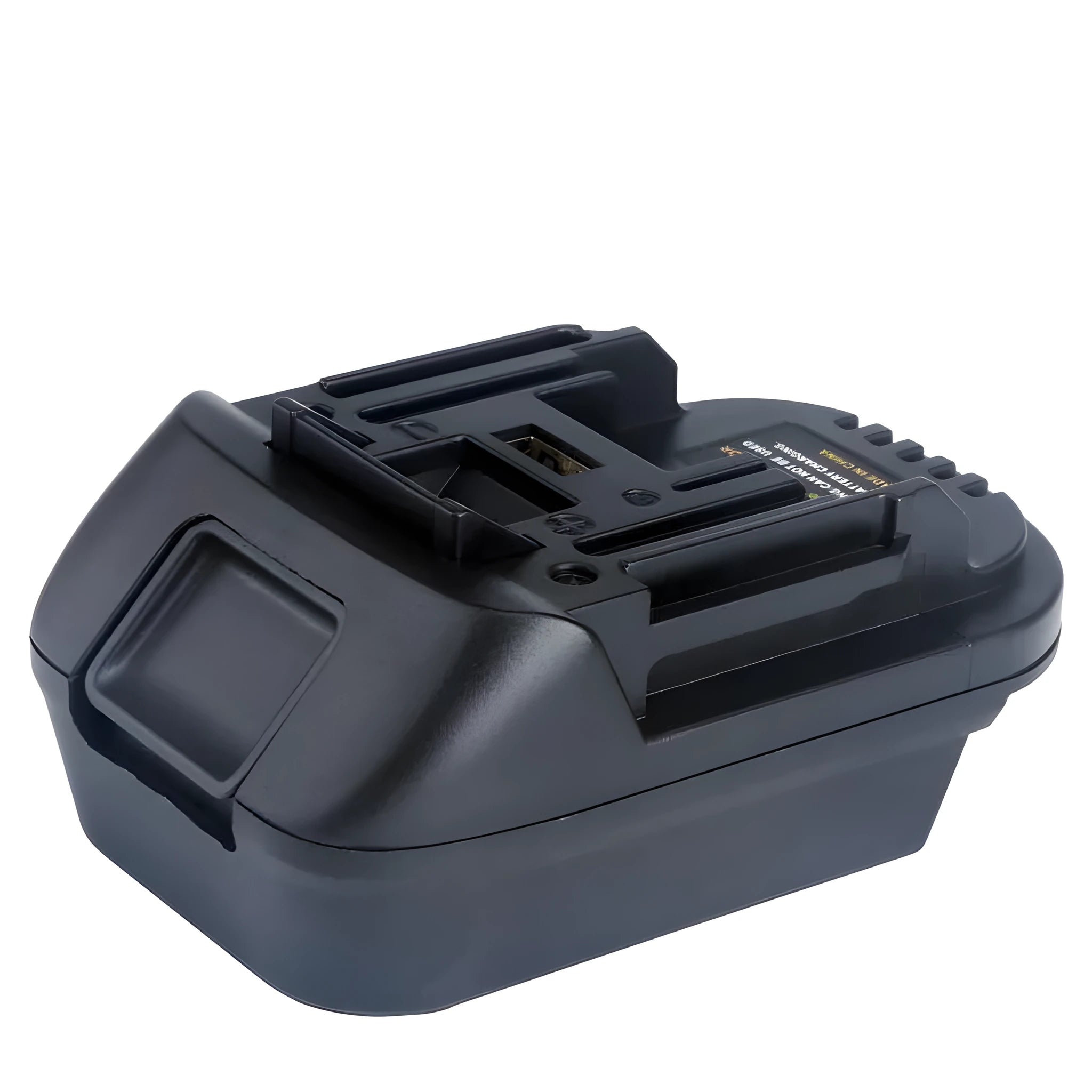 Black battery adapter for converting Milwaukee DM18M tools to use Makita H99F batteries