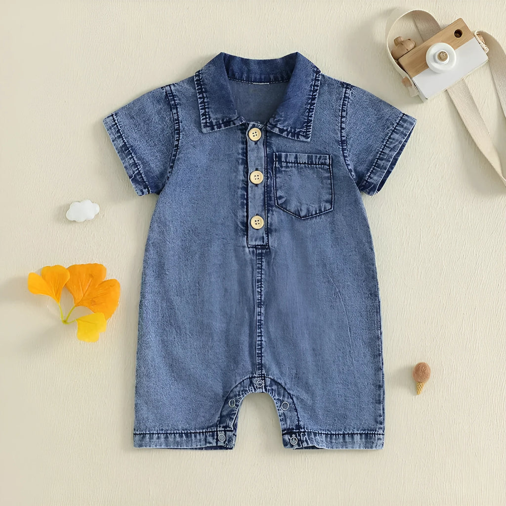 Boys blue cotton short sleeve one-piece romper for summer, western style, sizes 0-3M to 12-18M
