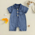 Boys blue cotton short sleeve one-piece romper for summer, western style, sizes 0-3M to 12-18M