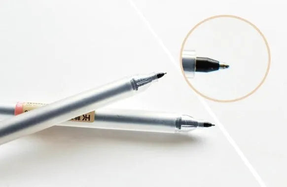 12 black Muji gel pens with 0.5mm fine tips showing ink prevention mechanism and aqueous ink labelling