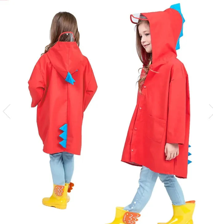 Dinosaur raincoat for kids in red or yellow, hooded design, sizes S to 3XL with size chart measurements