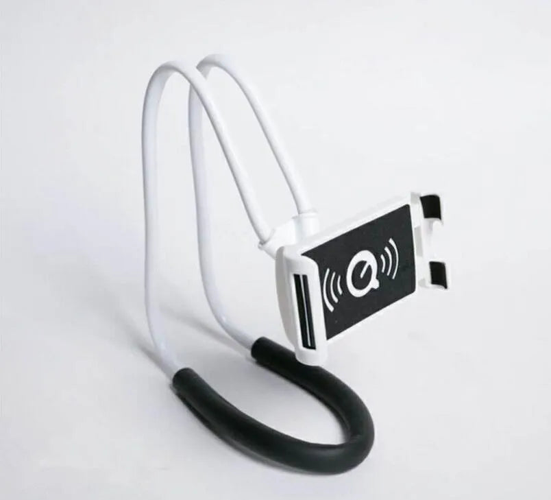White universal smartphone holder with 360-degree rotating bracket on a desk