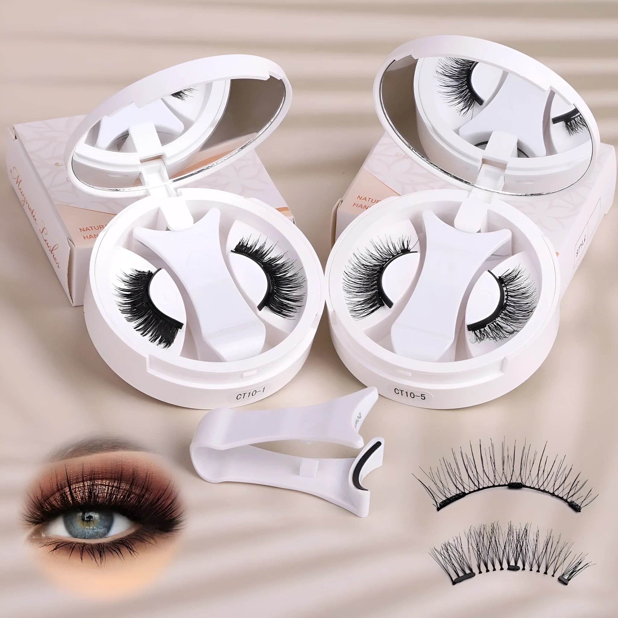 Portable magnetic false eyelashes case with an integrated soap holder in chemical fibre material.