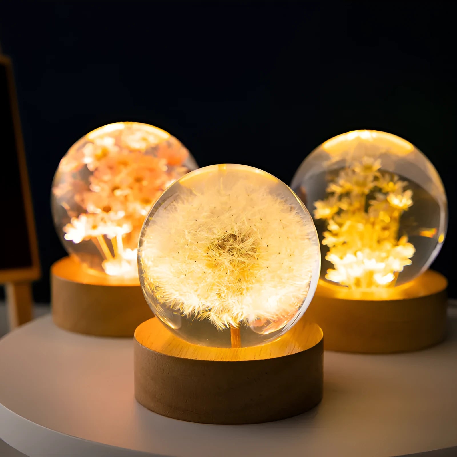 3D dandelion eternal flower in crystal ball on beech wood base USB night light