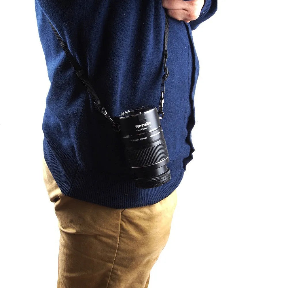 Aluminium alloy camera lens flipper dual holder system with stainless steel buckle and cotton strap